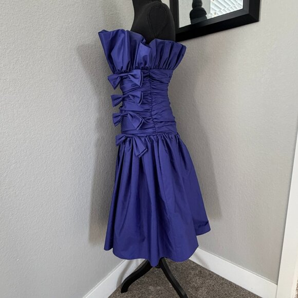 VINTAGE 80s Prom Glam Nili Martin Ruched Bow Strapless Purple Party Dress Sz XS - Picture 4 of 16